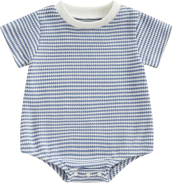 VISGOGO Unisex Baby Boy Girl Striped Romper Waffle Short Sleeve Bubble Oversized Romper Bodysuit Summer Clothes