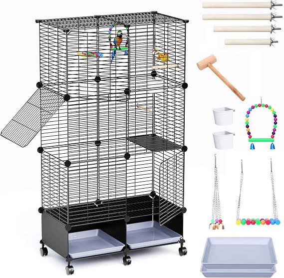 46-Inch Bird Cage, Metal Parakeet Cage with Wheels | Flight Cage with Perches, Slide-Out Trays, Bowls & Bird Toys for Cockatiels, Lovebirds & Small to Medium Birds