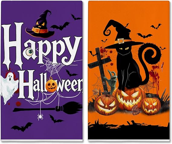 Hexagram Halloween Kitchen Towels, Cat Halloween Decor, Pumpkin Hand Towels