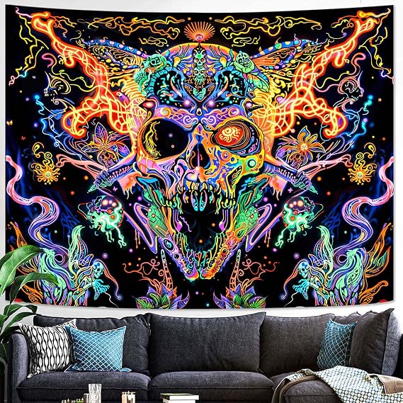 Kanuyee Blacklight Skull Tapestry Wall Hanging Tapestry Neon Tapestries For Bedroom Skeleton Horror tapestry UV Room Decor Skull 3648 Inches