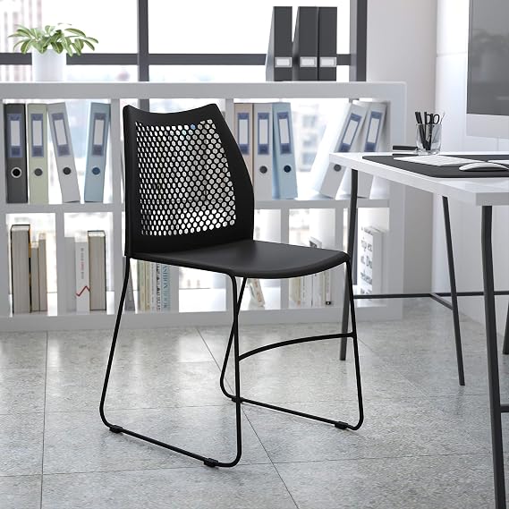 EMMA + OLIVER Home and Office Black Sled Base Stack Chair with Air-Vent Back - Guest Chair