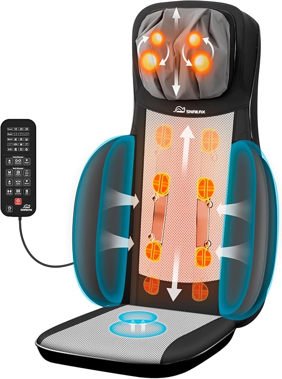 Snailax Shiatsu Neck and Back Massager with Heat, Adjustable-Height Neck Massager Rollers Massage Chiar Pad with Vibration, Chair Seat Massager for Home, Office, Gifts for Men, Women