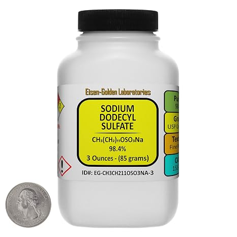 Sodium Dodecyl Sulfate [CH3(CH2) 11OSO3Na] 98.4% USP Cosmetic Grade Powder 3 Oz in a Bottle