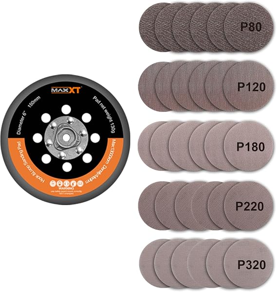 MAXXT 6" Hook & Loop DA Sander Backing Plate Pad 30 Sandpaper, Dual-Action Random Orbital Sanding Pad - Low Profile Edge, Medium Density - for MAXXT Brushless Orbit Sander R7303&R7304