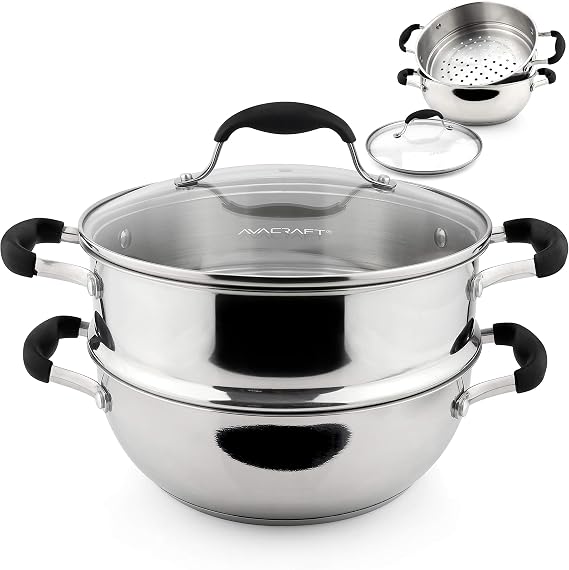 AVACRAFT 3 Piece 18/10 Stainless Steel Steamer Pot Set with Glass Lid