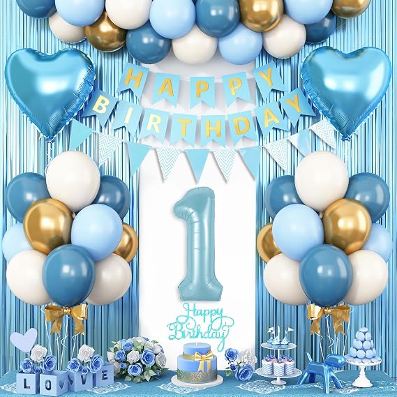 1st Birthday Decorations Blue White Gold, 1st Birthday Balloons Set