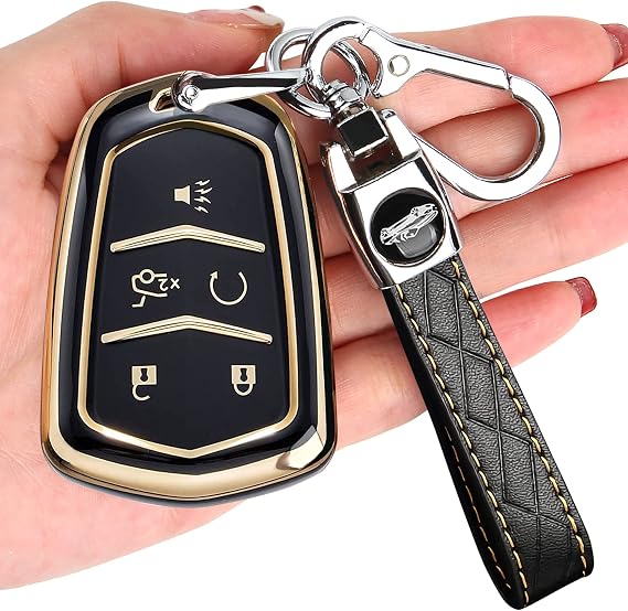 TECARATE for Cadillac Key Fob Cover - Key Fob Cover Case Holder for 2015-2019 Cadillac Escalade CTS SRX XT5 ATS STS CT6 Superior Soft TPU 360 Degree Full Protection (Black)