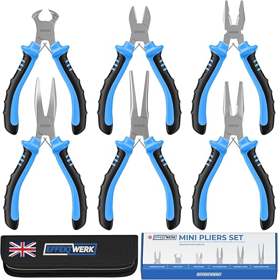 6-Pc Mini Pliers Set, Linesman, Long Nose, Needle Nose, Bent Nose, Diagonal Cutting & Wire Cutters, Electrician Tool Kit w/Small Pouch, Use for Jewellery Craft & Electronic Repairs
