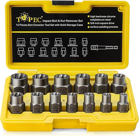 13+1 Piece Impact Bolt & Nut Remover Set - 3/8" Drive with Nut Extractor Socket, Hex Adapter, and Bolt Remover Tool for Damaged, Rusted, or Rounded-Off Bolts, Nuts, and Screws