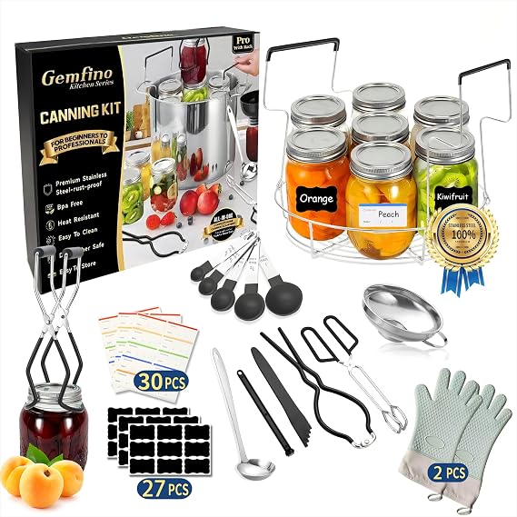 Canning Supplies Starter Kit with Canning Rack,Canning Kit for Beginners 12 Pcs,Silicone Oven Gloves,Jar Lifter,Funnel,Wrench,Tongs,Lid Lifter,Bubble Popper,Labels,Ladle,Measuring Spoon-G12-Black