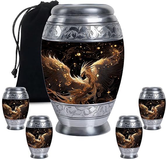 Ember Elegance The Phoenix Reborn - Keepsake Urns - Combo of 1 Large Urn with Velvet Bag and 4 Small - Unique Urns - Ashes Urn - Funeral Urns for Ashes - Cremation Urn for Human Ash - Adult Urns