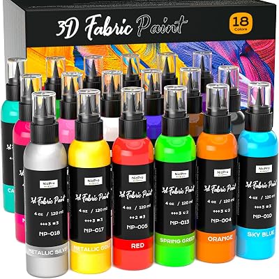 Nicpro 18 Colors 3D Fabric Paint Set 4oz, 120 ml Non-Toxic Soft Paint Permanent Fabric Paint for Clothes Textile DIY Crafts, T-shirts Bags Canvas Jeans Shoes for Kid Adult with Color Wheel