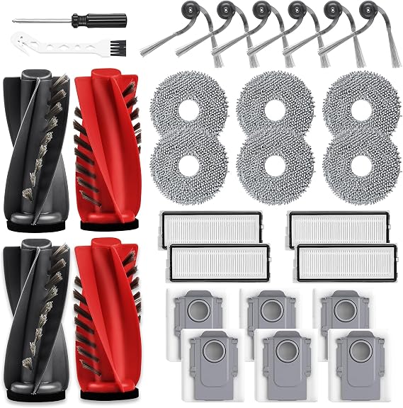 28 Pack Replacement Accessories for Roborock Qrevo Curv/Curv S5X/Qrevo Edge/Edge S5A/Qrevo S5V Robot Vacuum, 2 Pairs Mainbrush 4 Filter 6 Dust Bags 6 Mop Pad 6 Sidebrush 1 Cleaning Brush 1 Screwdriver