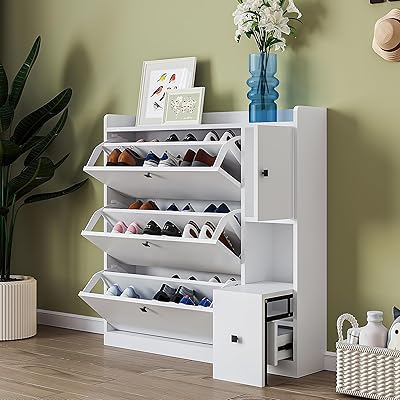 Shoe Cabinet with 3 Flip Drawers Shoe Storage Cabinet with Shoe Bench for Entryway, Freestanding Shoe Rack Storage Organizer for Hallway, Living Room, Home and Apartment White