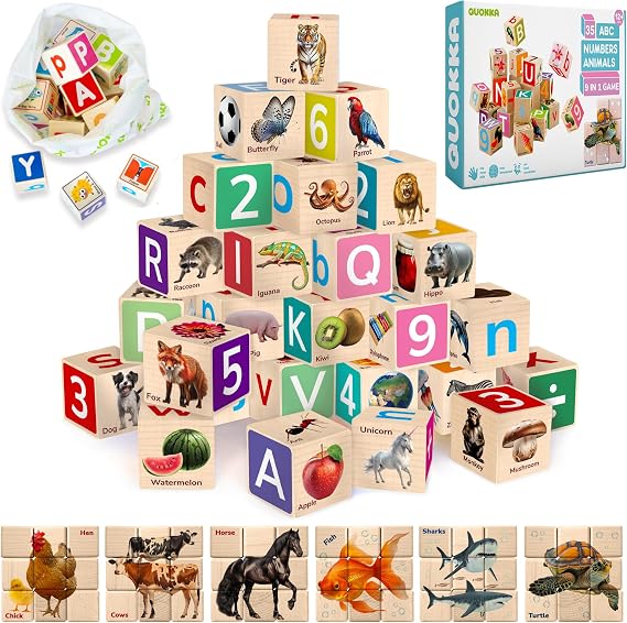 QUOKKA Montessori Wooden Blocks for Toddlers 1-3 - 35 Realistic ABC Learning Baby Blocks for Kids 3-5 Year Olds - Stacking Alphabet Wood Toys for 2-4 yo - Learn Letters Numbers