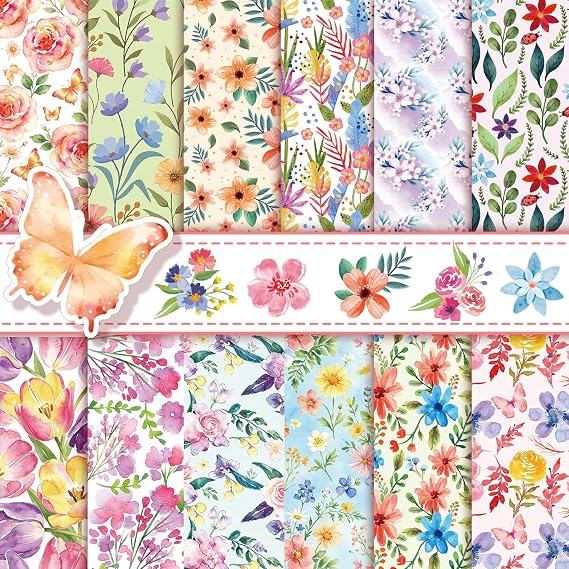 Konsait 24 Sheets Floral Scrapbook Paper 12x12, Double Sided Flower Pattern Paper Spring Decorative Papers Floral Cardstock Pad Origami Papers for Card Making Scrapbook Supplies