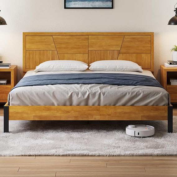 Bme Trapeze King Size Bed Frame Rubberwood Platform with Slatted Headboard, Sturdy Iron Legs, No Box Spring Needed, Supports up to 800 lbs
