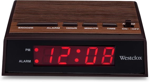 Westclox Retro Wood Style Small Night Table Alarm Clock with Red LED Display, 9-Minute Snooze, Battery Backup, Easy Electric Operation for Bedroom, Home or Office Woodgrain