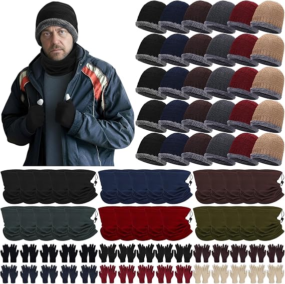 90 Pcs Homeless Supplies Bulk Winter Beanie Hats Neck Warmers Touchscreen Gloves Warm Gift Set for Women Men Unisex