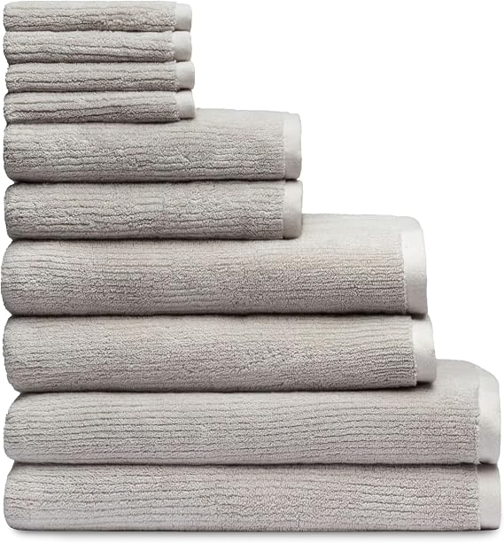 Cozy Earth Complete Ribbed Terry Bath Bundle - 60% Cotton 40% Viscose from Bamboo - Soft & Absorbent Cotton Bath Towel Set - 4 Washcloths, 2 Hand Towels, 2 Bath Towels, 2 Bath Sheets - Light Grey