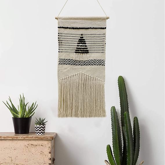NATURE4U Woven cotton Wall Hanging Home Decor Bohemian Beige Geometric Hand Crafted 100% cotton Art Decor with Fringe and Tassel Elegant Apartment Bedroom Dorm Room Door Decoration, 17.5" W x 32" L