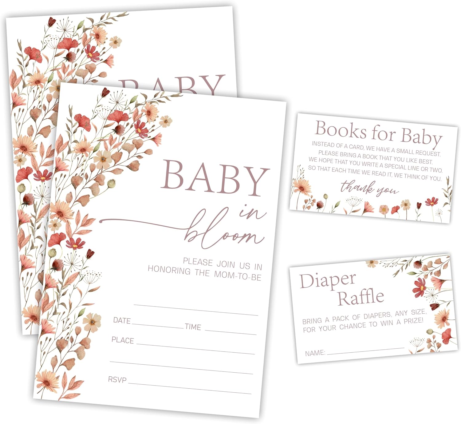 EXW Baby In Bloom, 25 Baby Shower Invitation Cards With Envelopes, 25 Book Request Cards & Diaper Raffle Tickets, Baby Announcement, Gender Reveal Party Favor & Supplies-A03