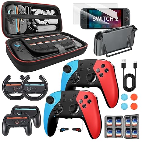 AceGamer Pro Hall Effect Controllers Accessories Bundle for Nintendo Switch 2 17-in-1: Carrying Case, Screen Protector, Grip for Switch 2 Joycons, Steering Wheel, Thumbs, Dockable Protective Cover Shell, Card Case