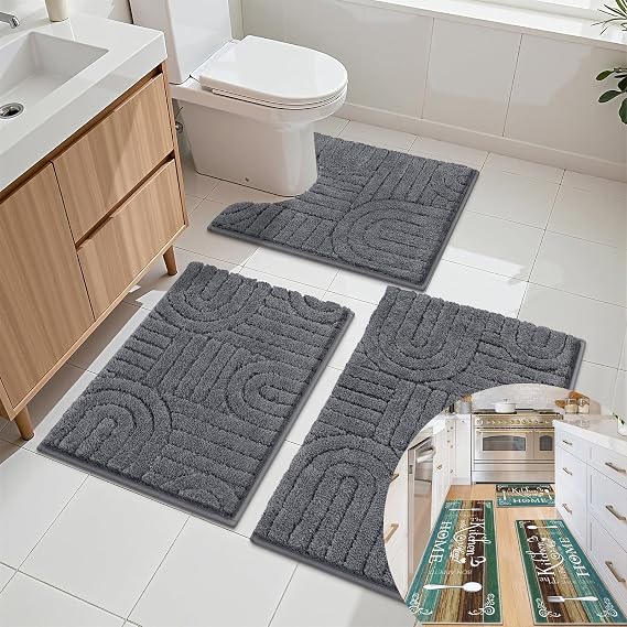 Vaukki Boho Kitchen Rugs Set of 3, Bathroom Mats Set 3 Pieces, Non Slip Washable Kitchen Area Rug, Absorbent Bath Mat for Shower, 20''x32''+20''x47''+20''x59''Teal+18''x26''+20''x32''+20''x24''Grey