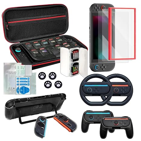 Switch 2 Accessories Bundle for Nintendo, 18 in 1 Game Kit: Travel Carry Case Screen Protector with Alignment Frame Steering Wheels for Mario Kart Grips for Joycon Controller Console Protective Cover