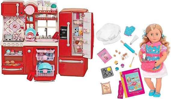 Our Generation by Battat- Jenny 18" Baking Posable Doll & Gourmet Kitchen Accessory Bundle Set- for Age 3 Years & Up