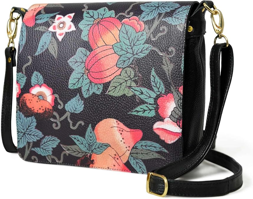 ADYAN Handmade Full Grain Veg Tan Soft Leather Floral Printed Crossbody Sling Bag for Women