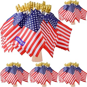 Small American Flags on Stick 100 Pcs 5.5x8 Inches Small US Flags Bulk Wooden Stick Handheld, Mini American Flags for Outside, Presidents Day, Veterans Day Patriotic Decoration