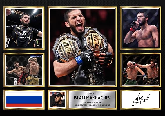 Islam Makhachev Signed Poster Print – UFC Lightweight Champion Tribute Collage Wall Art with Signature & Career Highlights – MMA Memorabilia for Fans and Collectors, A4 Poster + Black Frame