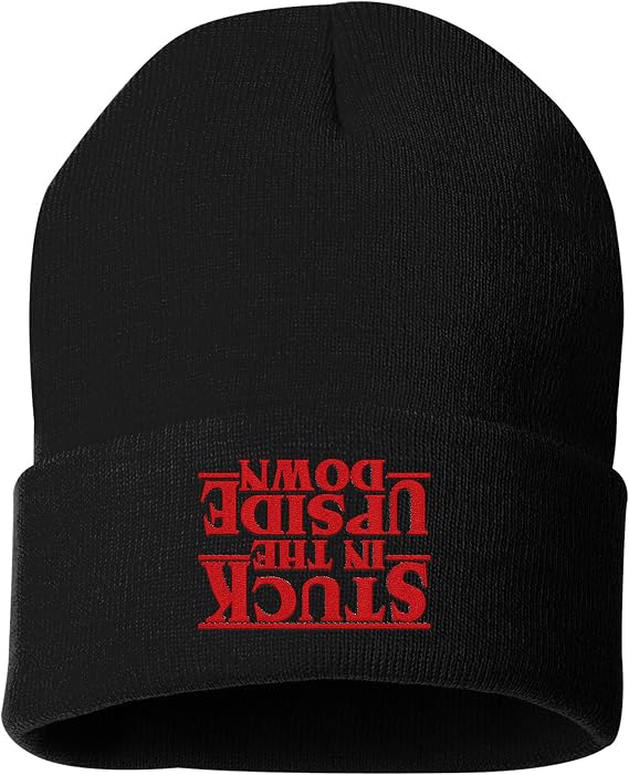 Go All Out Stuck in The Upside Down Cuffed Marled Pom Embroidered Cuffed Knit Beanie Cap