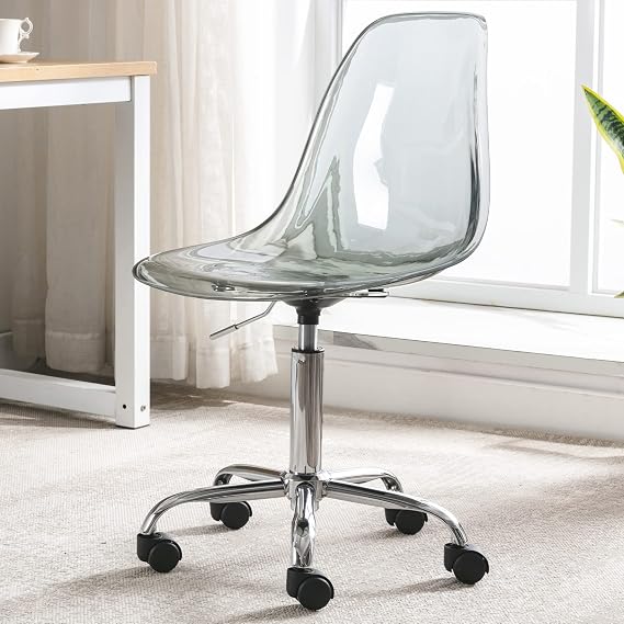 Acrylic Clear Desk Chair with Adjustable Height and Wheels | Modern Small Cute Armless Vanity Rolling Plastic Chair Home Office Lucite Ghost Chairs, Black