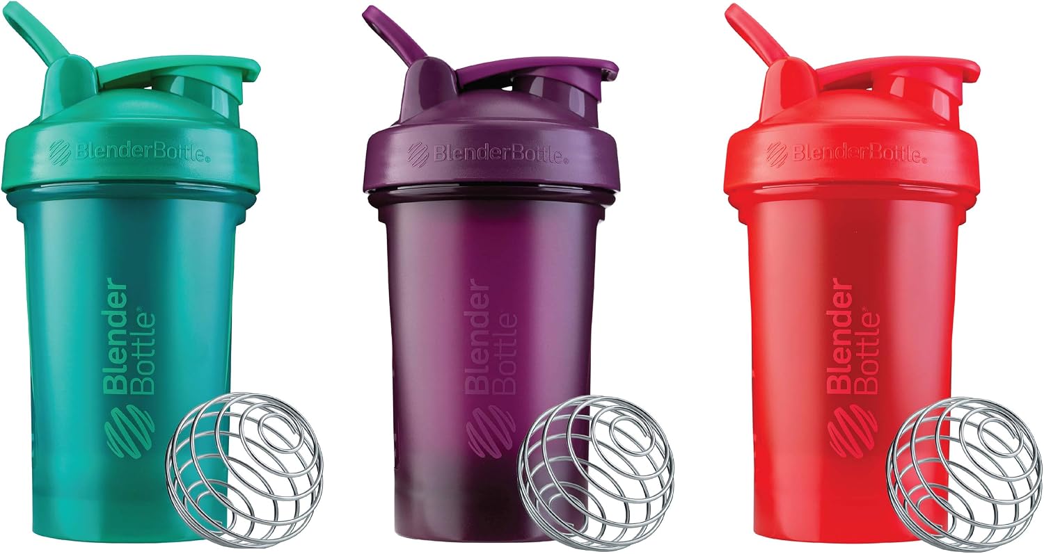 BlenderBottle Classic V2 Shaker Bottle Perfect for Protein Shakes and Pre Workout, 20-Ounce 3-Pack Red, Green, and Plum