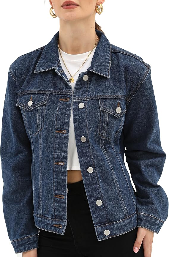 Argstar Women Denim Jacket Button Up Long Sleeve with Inner Pockets