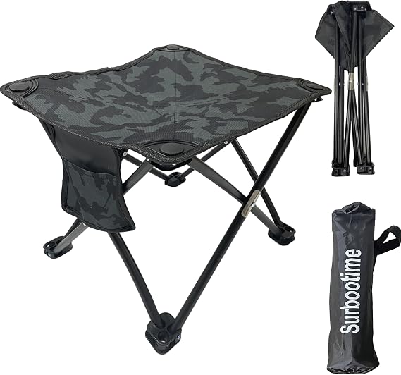 Portable folding camping stool, 35*35*35 cm. Lightweight outdoor chair, foldable garden stool, footstool. Suitable for fishing, picnics, beach barbecues. With side pockets (Black camouflage)