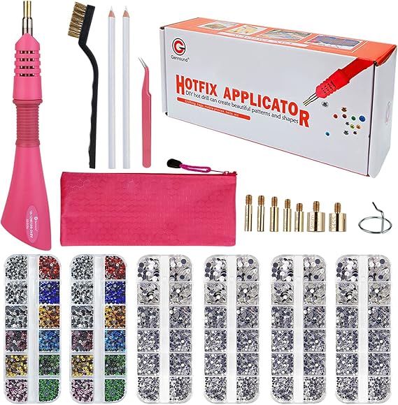 Hotfix Applicator, Genround Bedazzler Kit with Rhinestones Iron-on Hotfix Applicator Tool Wand Tool Set with 6 Boxes of Gems Round Crystal Rhinestones/Storage Box/Tweezer/Gems Picking Pen for Clothes