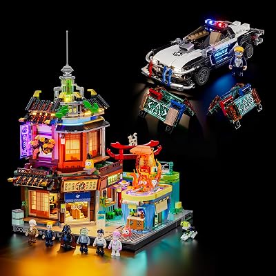 FUNWHOLE Cyberpunk Japanese-Izakaya and Police Patrol Car Lighting Building-Bricks Set