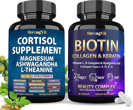 StrongVit Cortisol Supplement & Biotin Complex Bundle (120 Capsules)