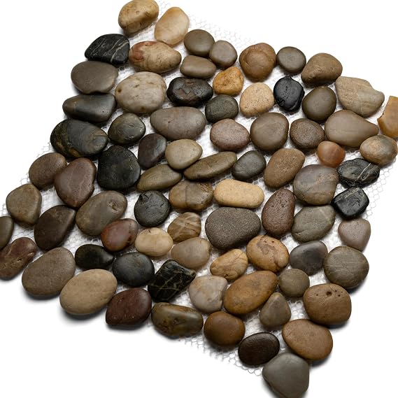 Polished Cobblestone Pebble Tile - 12" x 12" Inch Hand-Selected Natural Stone for Bathroom Kitchen Backsplash Floors Patios and Outdoor Spaces - Eco-Friendly Durable Seamless Fit - Pack of 1