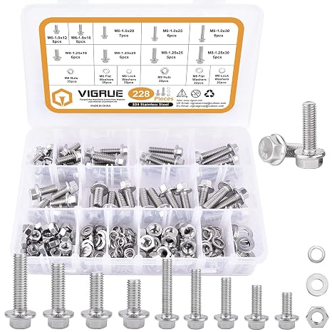 VIGURE 228PCS M6 M8 Metric Bolt Assortment Kit, M6 x 12/16/20/25/30mm Stainless Steel Flanged Hex Bolts and M8 x 16/20/25/30mm Flange Metric Bolts and Nuts Kit