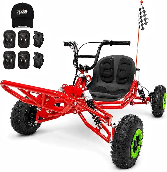 Zyliathor Gas Go Kart, Family Backyard Trail Kart, 28MPH, 30 Miles, Throttle Limiter, Pull Start + Kill Switch, Hydraulic Disc Brake, 4-Wheel Independent Suspension, Off-Road Kart for Backyard (Red)