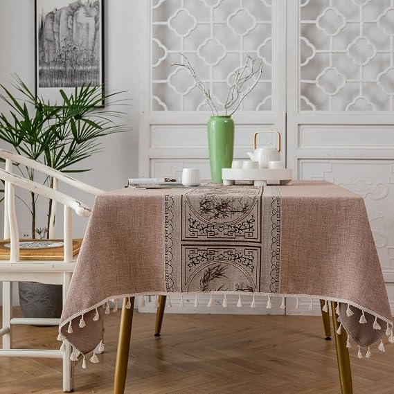 Kerio Tablecloth Cotton Linen Table Cloth Jacquard Rectangle Table Cover with Tassel for Kitchen Dining Party Brunches, Brown, 55 x 63 Inch