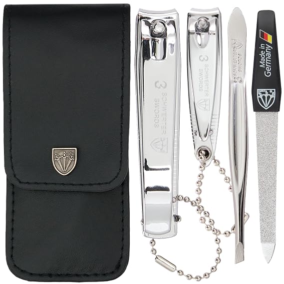 3 Swords Germany - Brand Quality 4 piece Manicure Pedicure Grooming kit Set for Professional Finger & Toe Nail Care Tweezers File Clipper Fashion Leather case in Gift Box, Made by 3 Swords (77211)