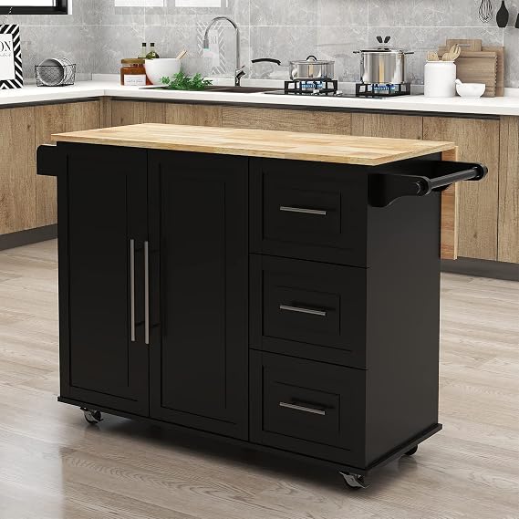 RASOO Kitchen Island Cart on Wheels Drop-Leaf Rubber Wood Top Kitchen Cart with Storage Cabinet and Drawers Kitchen Trolley with Towel Rack & Bottle Rack, Black, 43.7"x16.93"x36.02"(LxWxH)