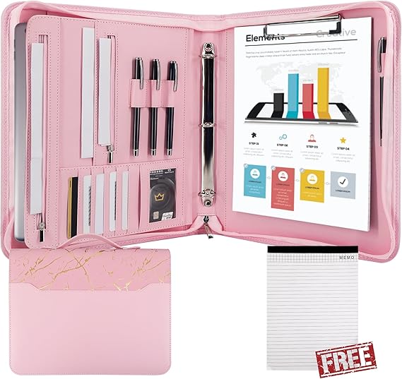 GraduatePro Zippered Leather Padfolio Portfolio Folder with Handle and Clipboard, 3-Ring A4 Size Interview Legal Conference Document Organizer, Business Card Holder Bag for Men/Women, Pink Marble