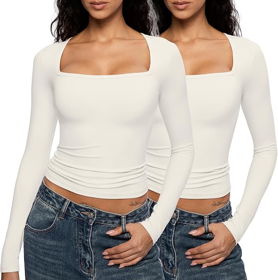 Enerful Square Neck Long Sleeve Shirts for Women