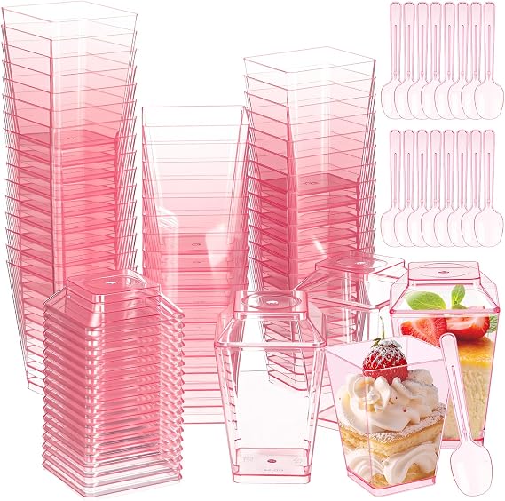 150 Pcs 5 oz Pink Plastic Dessert Cups with Lids and Spoons Valentine Mini Clear Reusable Yogurt Parfait Appetizer Cup for Wedding Baby Shower Party Picnic Dessert Fruit Pudding Ice Cream Cake